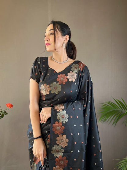 Palki - Soft Silk Copper and Gold Zari Weaving Flower Weaved Saree with Stitched Blouse Options