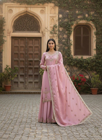 Baby Pink Beautiful Silk Sharara Suit Fully Stitched