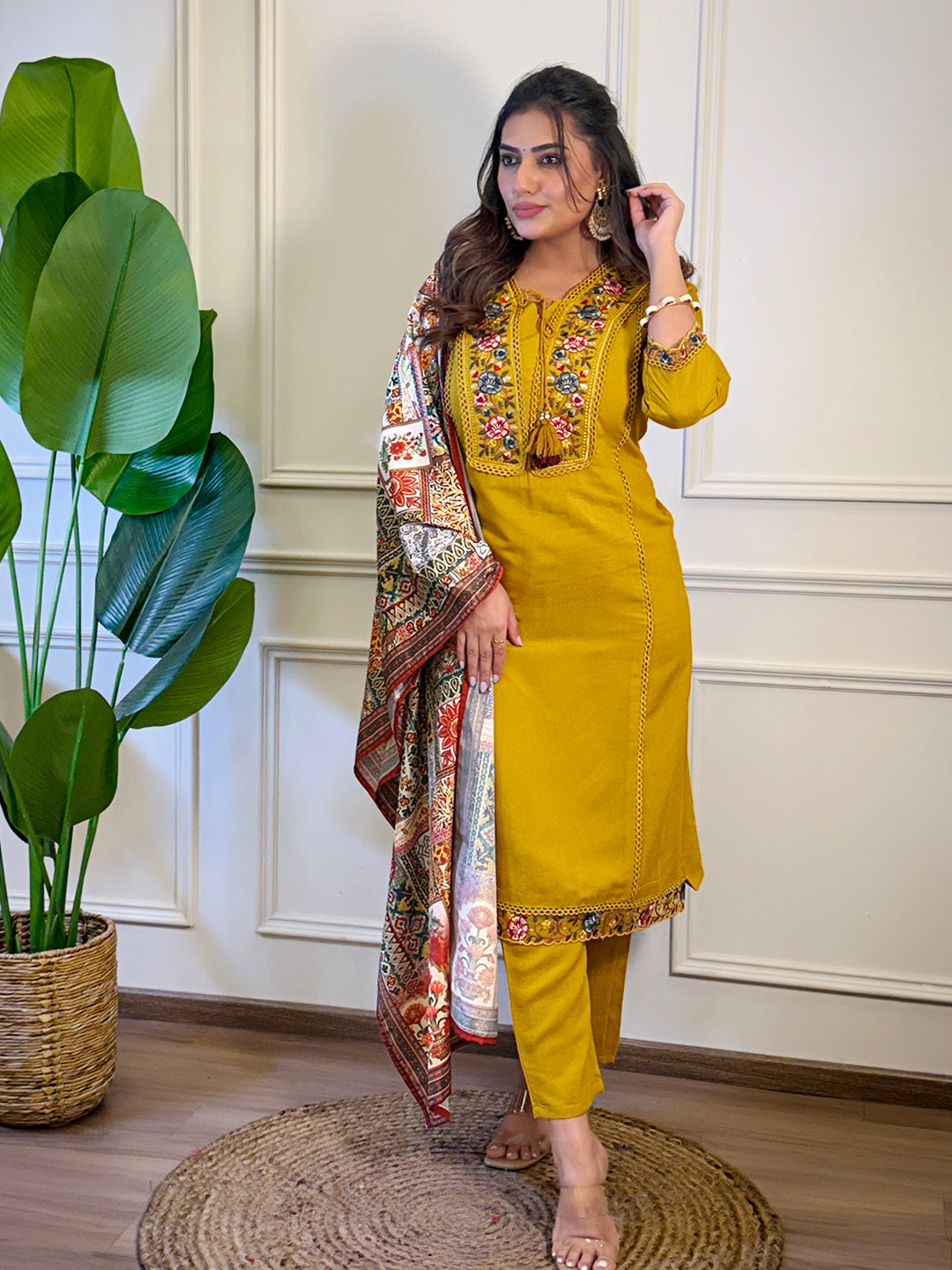 Adaa by Kiara - Beautiful Mustard Silk Kurti Readymade Set