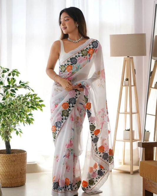 Premium Georgette floral saree with fully stitched blouse