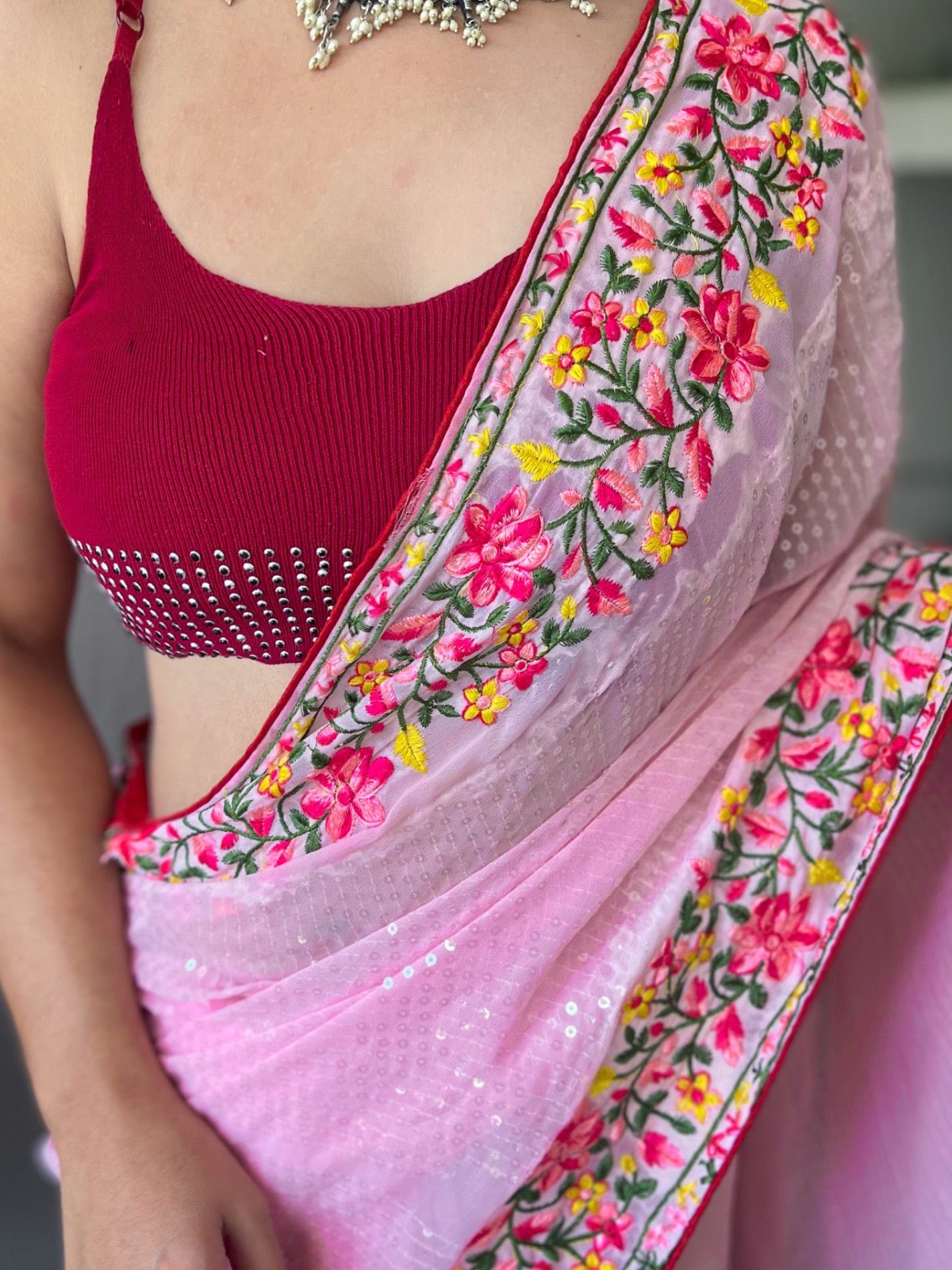 Pure georgette saree with sequence work all over saree with stitched blouse