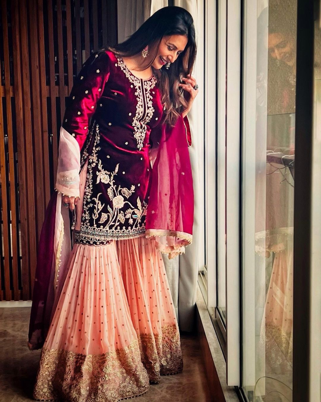 Maroon Velvet and Georgette Sharara Suit fully stitched