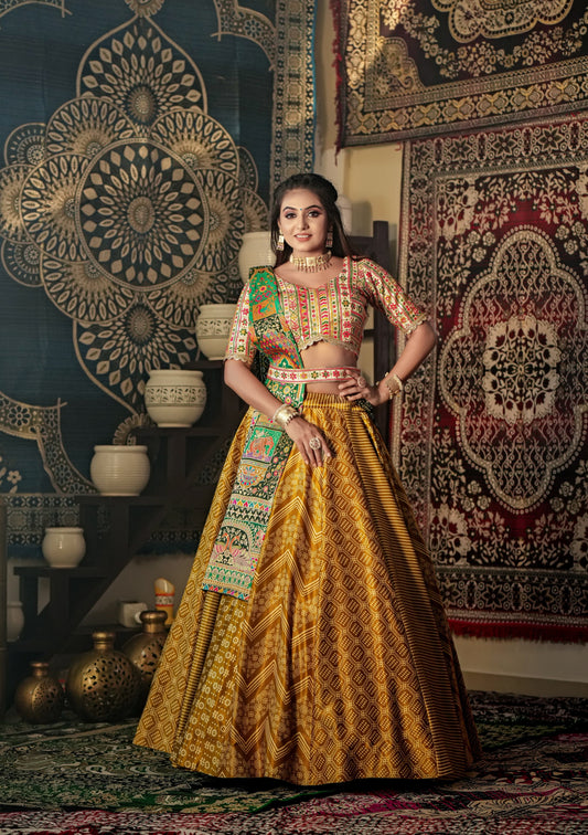 Vihangi- Mustard and green detailed print fully stitched lehenga