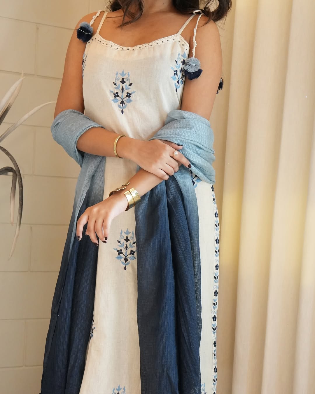 Premium White and Greyish Blue Cotton Sleeveless Kurti Set Fully Stitched