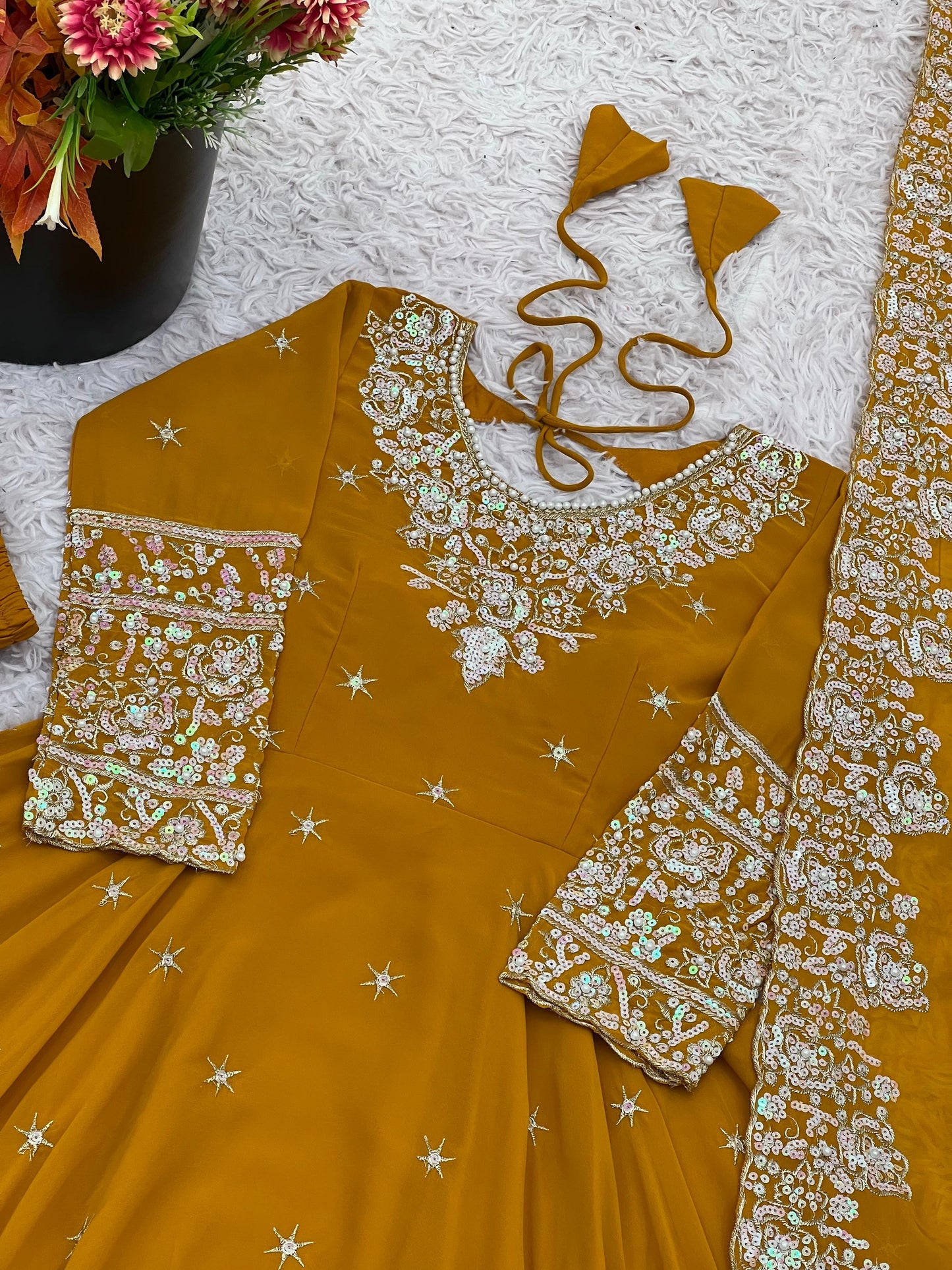 Mustard Premium Faux Georgette Anarkali Gown with Beautiful Work Fully Readymade