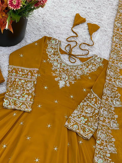 Mustard Premium Faux Georgette Anarkali Gown with Beautiful Work Fully Readymade