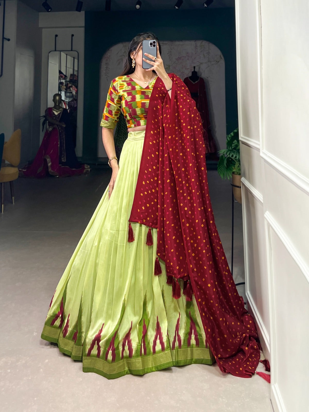 Mahendi Colour Navratri Special Chaniya Choli with Bandhej Print Dupatta Fully Stitched