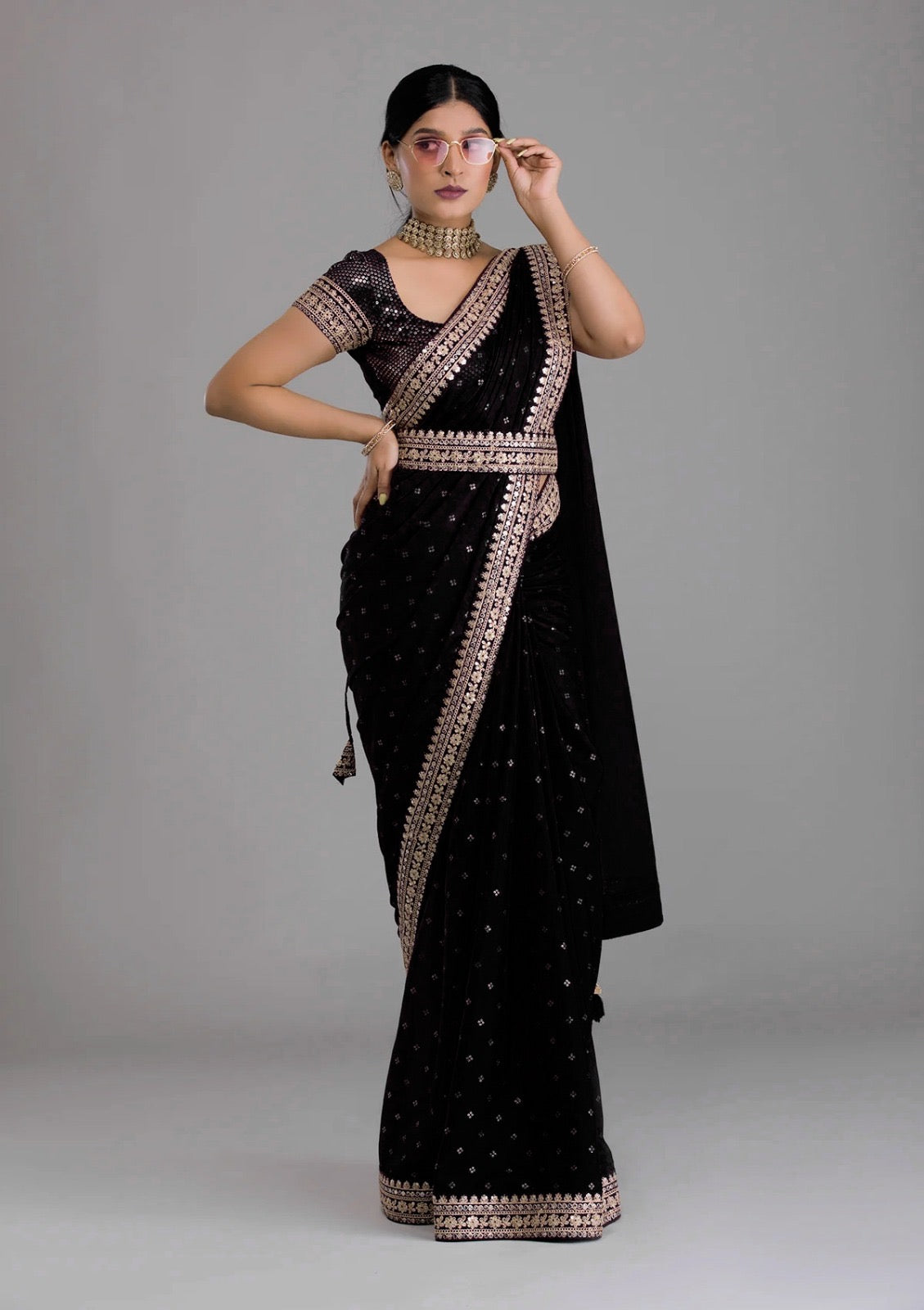 Chinnon Black saree with fully stitched blouse