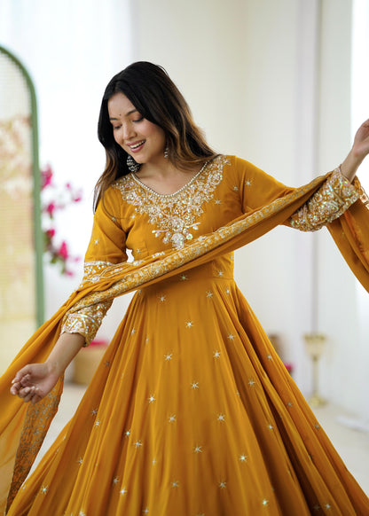Mustard Premium Faux Georgette Anarkali Gown with Beautiful Work Fully Readymade