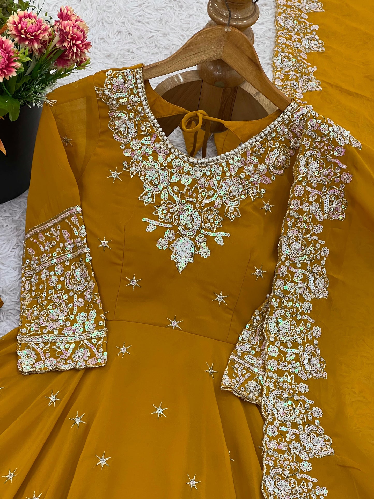 Mustard Premium Faux Georgette Anarkali Gown with Beautiful Work Fully Readymade