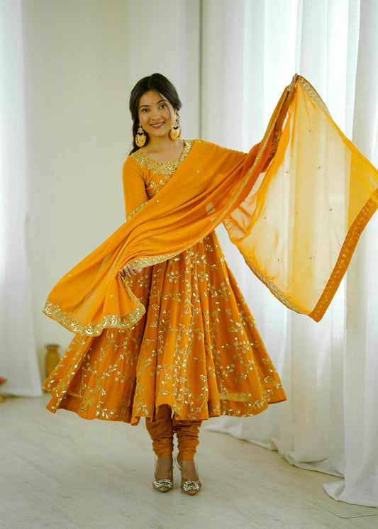 Preeva - Mustard Soft Georgette with Full Embroidery Gown Fully Stitched