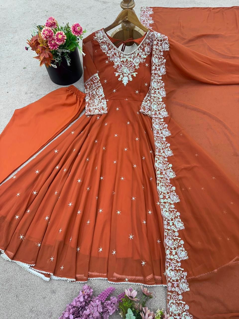 Dark Orange Premium Faux Georgette Anarkali Gown with Beautiful Work Fully Readymade