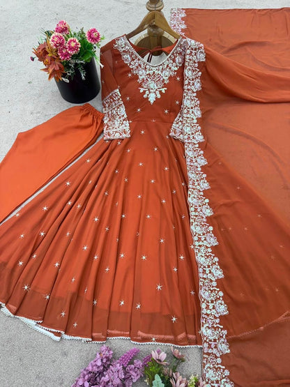 Dark Orange Premium Faux Georgette Anarkali Gown with Beautiful Work Fully Readymade