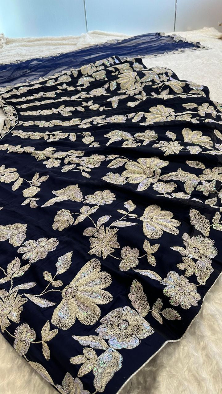 Premium navy blue georgette lehenga with heavy embroidery work fully stitched