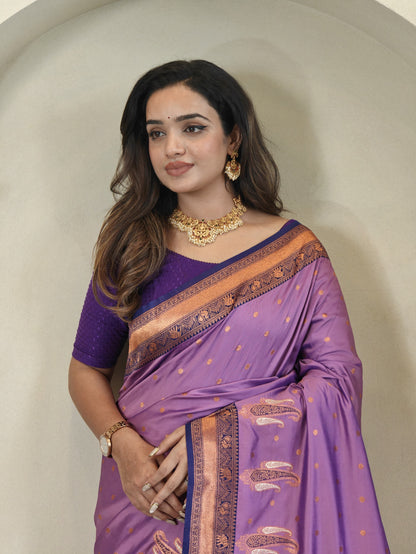 Lilac Pure Paithani Silk Saree with rich weaving with Stitched Blouse