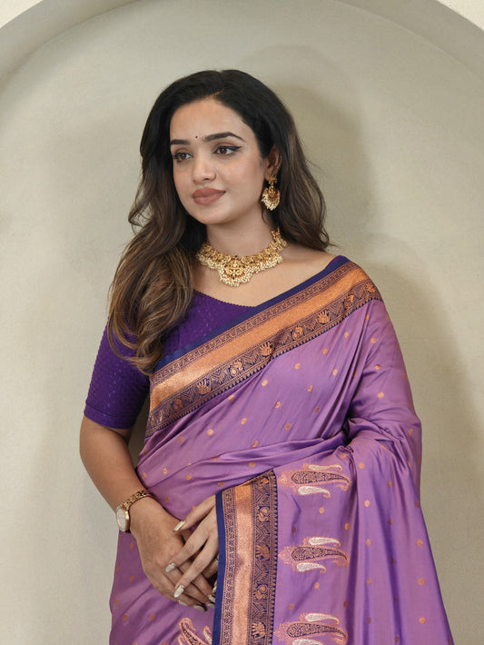 Lilac Pure Paithani Silk Saree with rich weaving with Stitched Blouse