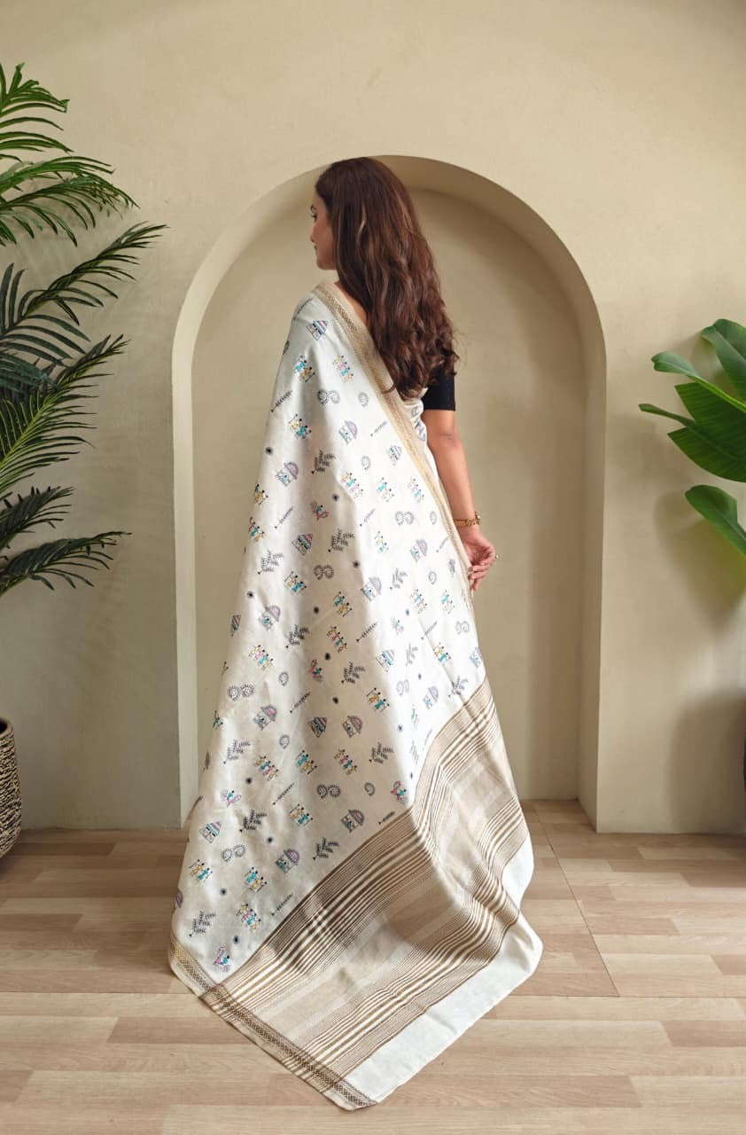 Saheli - Pure Loom Tussar Silk with Beautiful Embroidery Doodle Art and Stitched Blouse Options