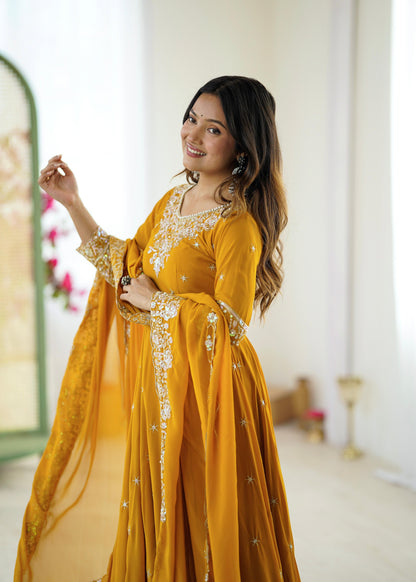Mustard Premium Faux Georgette Anarkali Gown with Beautiful Work Fully Readymade