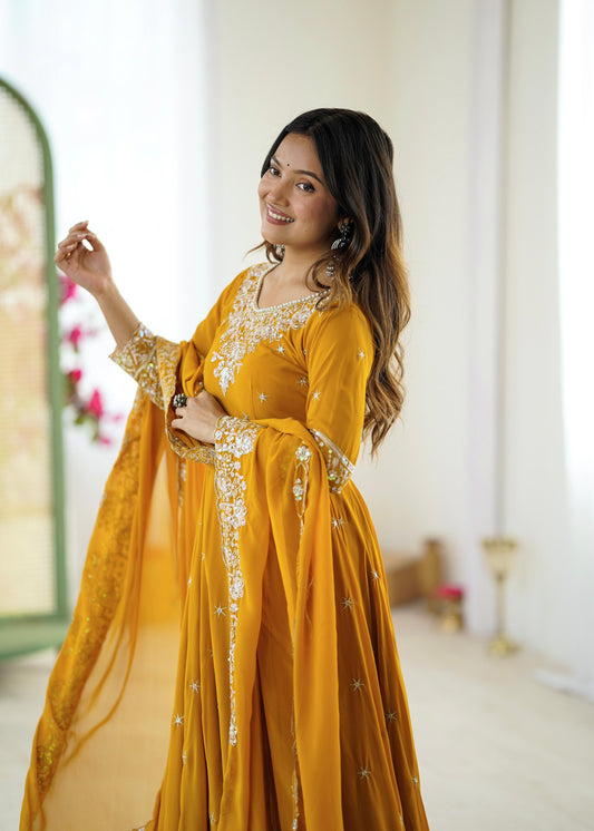 Mustard Premium Faux Georgette Anarkali Gown with Beautiful Work Fully Readymade