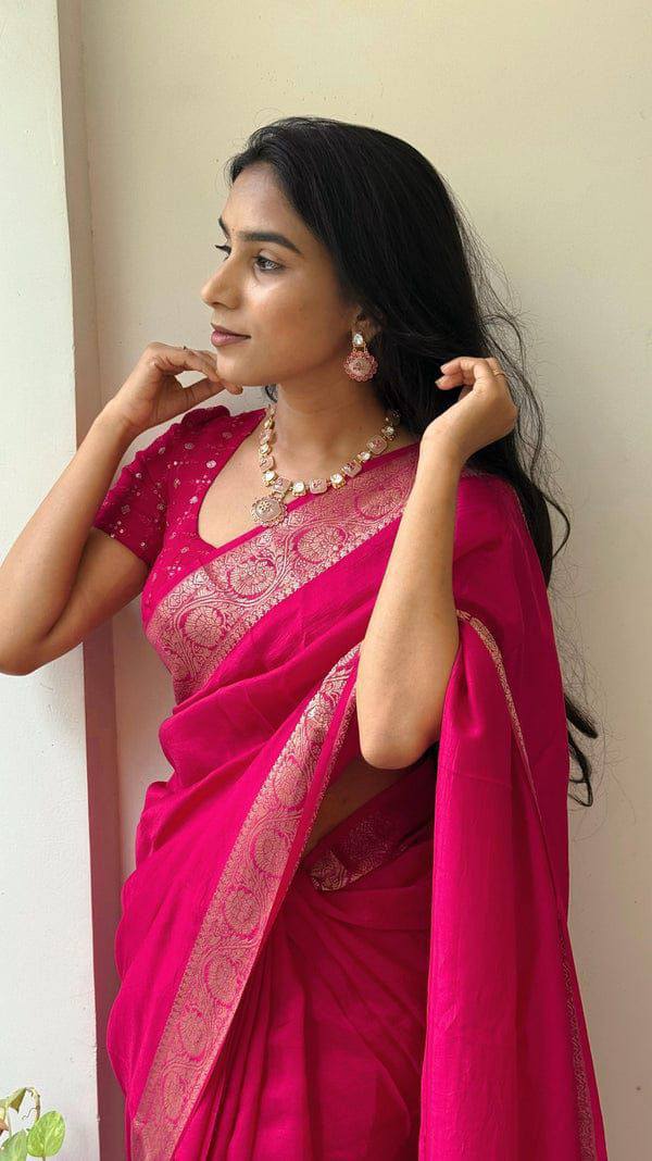 Vrinda - Soft Chinnon Silk Saree with Gold Zari Border & Stitched Blouse Options