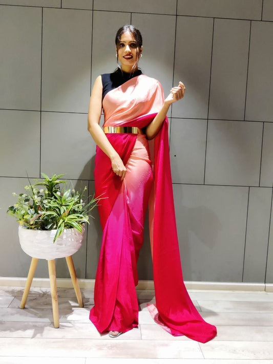 Party wear saree with gold belt and stitched blouse