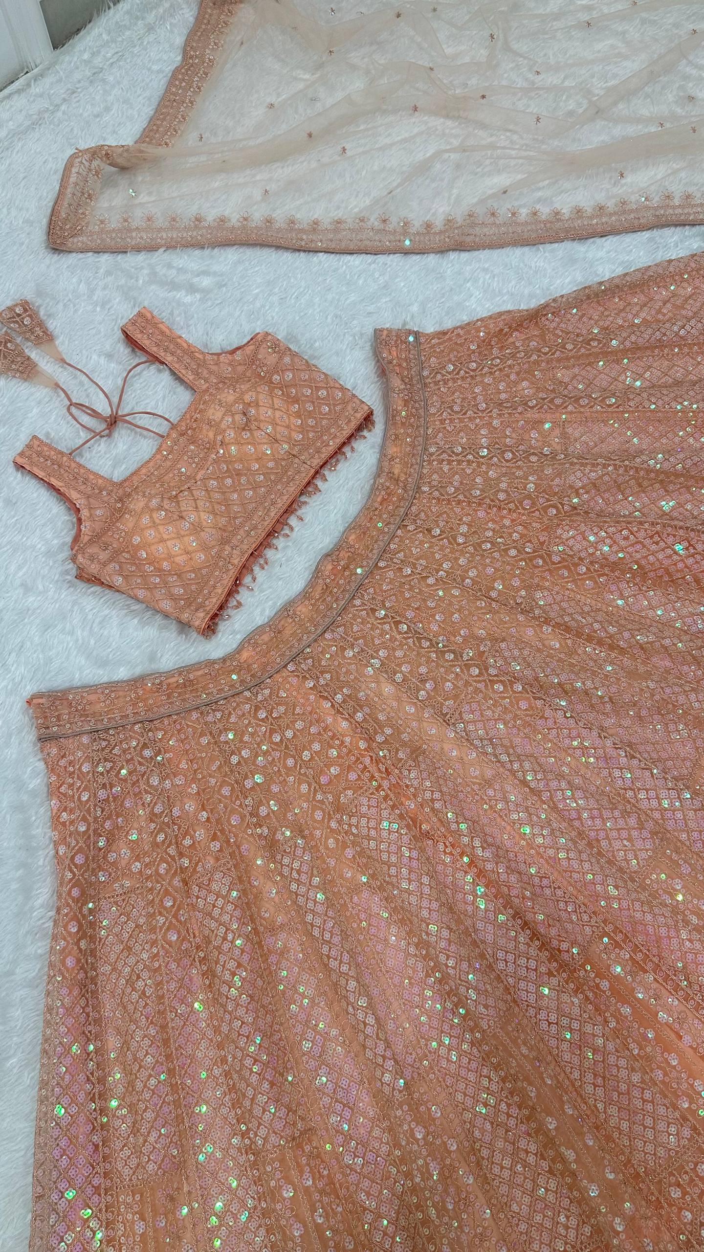 Premium Peach Net Lehenga with Sequins and Dori Work Fully Stitched