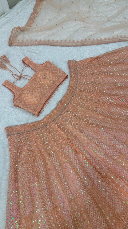 Premium Peach Net Lehenga with Sequins and Dori Work Fully Stitched