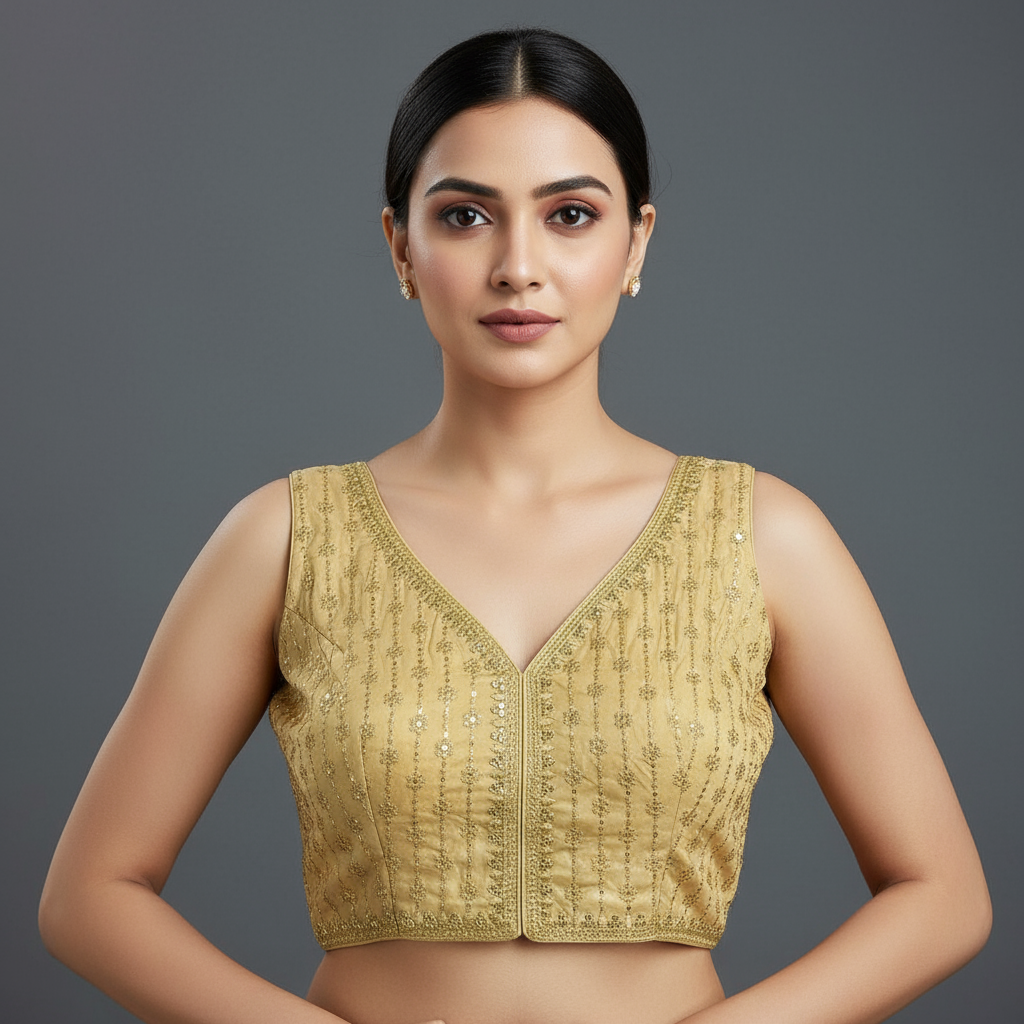 Gold embroidered top on a textured surface