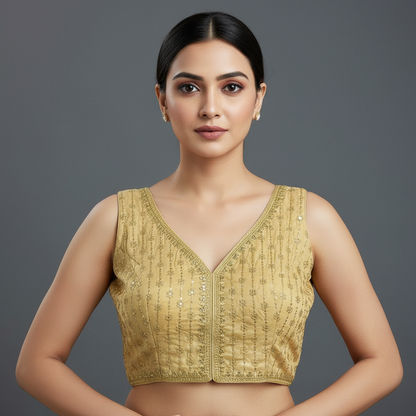 Gold embroidered top on a textured surface