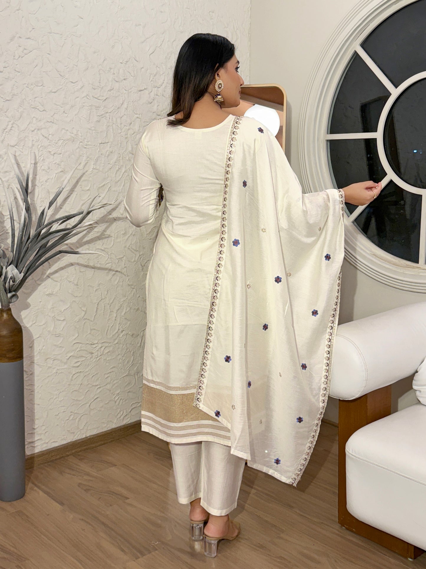 Hetvi - Off white Premium Silk Kurti Set with Gold Patta for all occasions