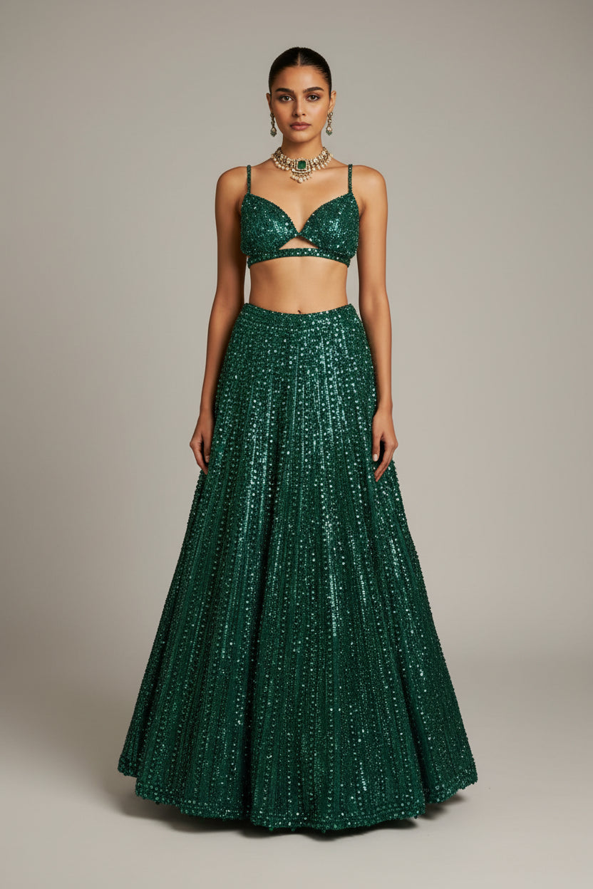 Woman in a green sequined outfit standing in an elegant interior setting.