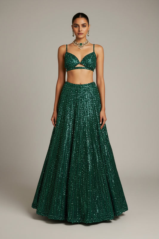 Woman in a green sequined outfit standing in an elegant interior setting.