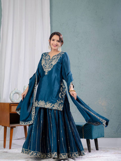 Pure Chinon Silk Embroidered Sharara Set in 4 beautiful Colours Fully Stitched