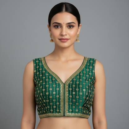 Green embroidered blouse on a textured surface with flowers in the background