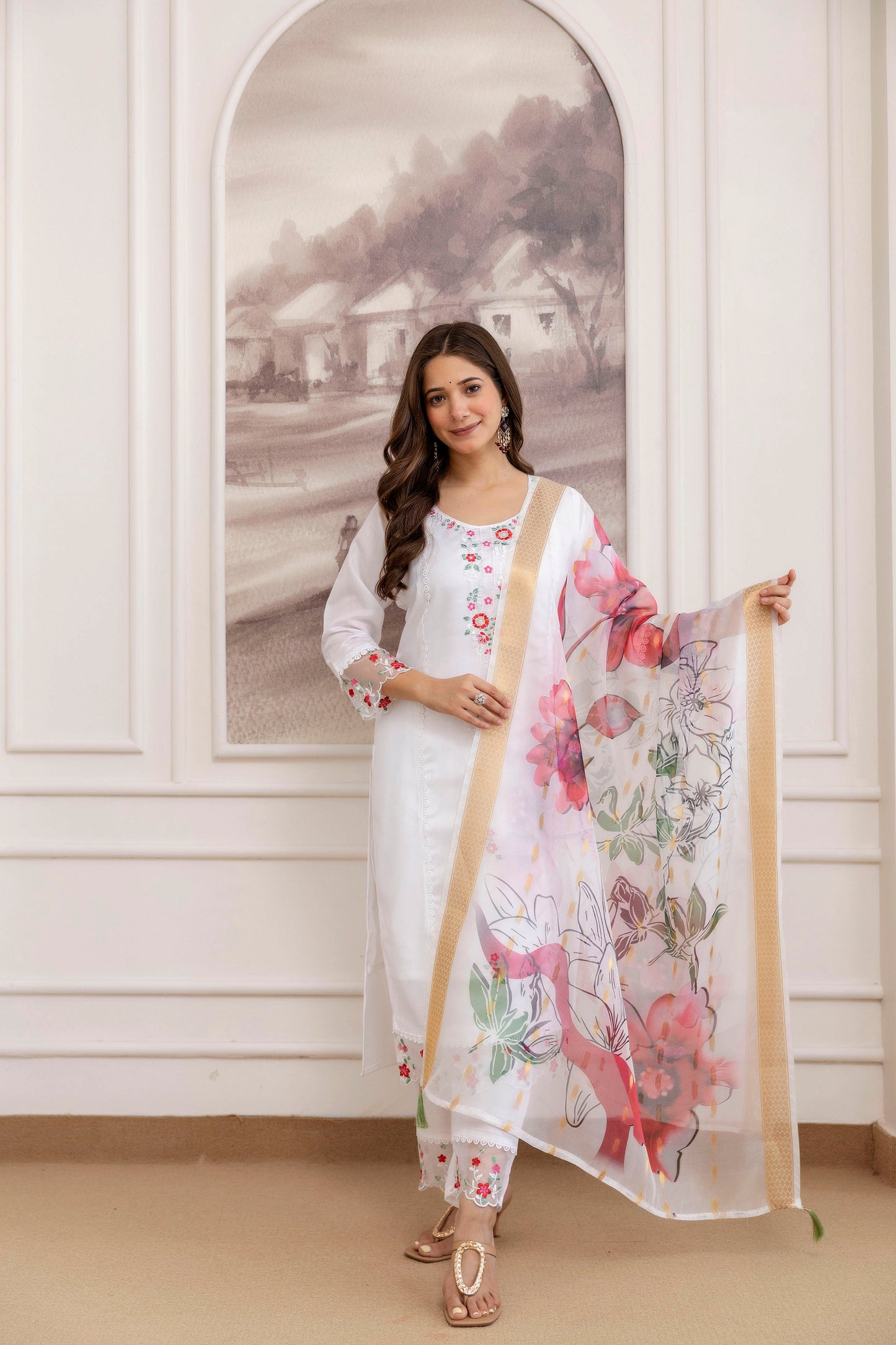Soft Chanderi Silk White Fully Stitched Kurti Set