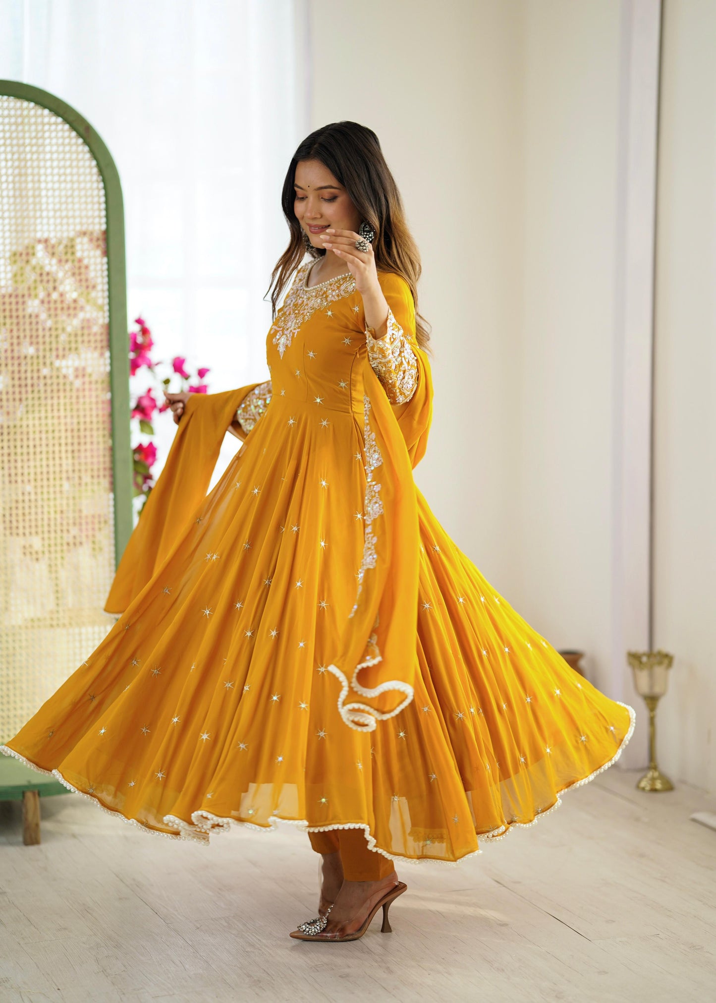 Mustard Premium Faux Georgette Anarkali Gown with Beautiful Work Fully Readymade