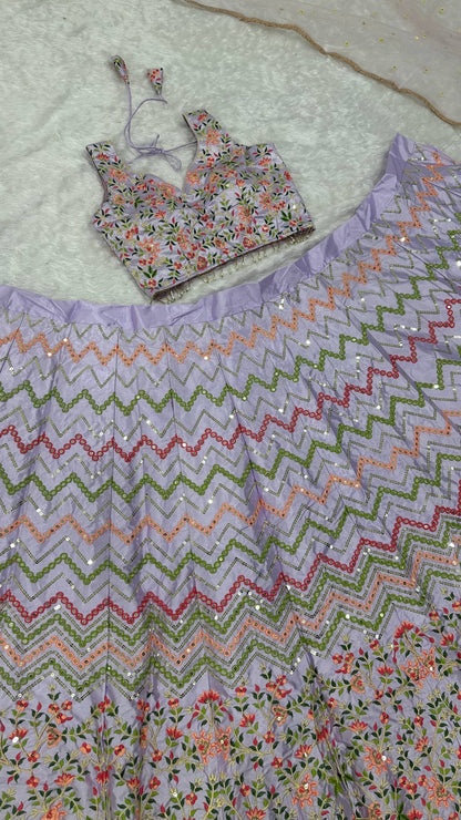 Pastel Purple Premium Satin Silk Lehenga with Sequins and Embroidery Work Fully Stitched