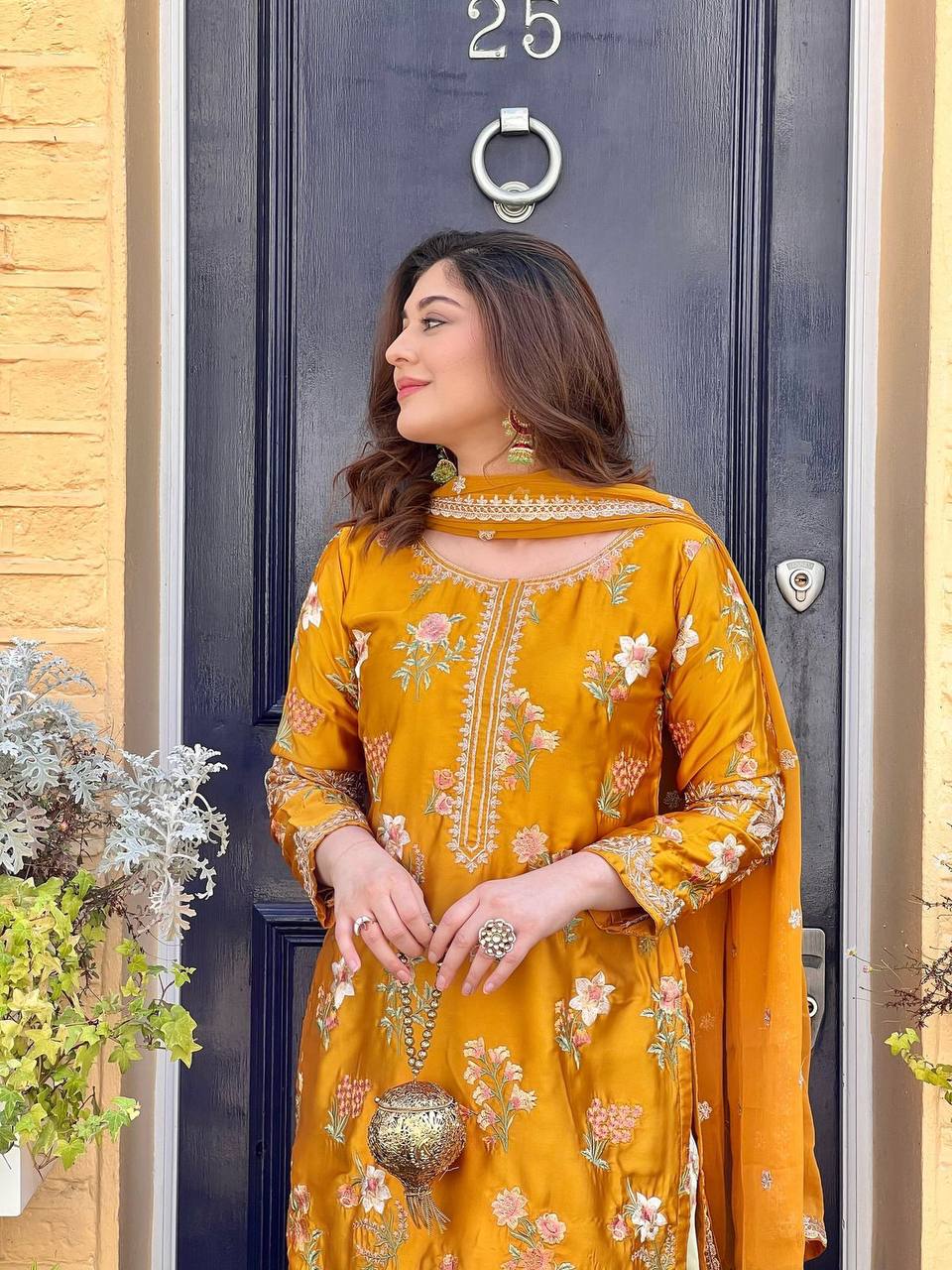 Mustard & Mahendi Floral Embroidery Salwar Suit Fully Stitched