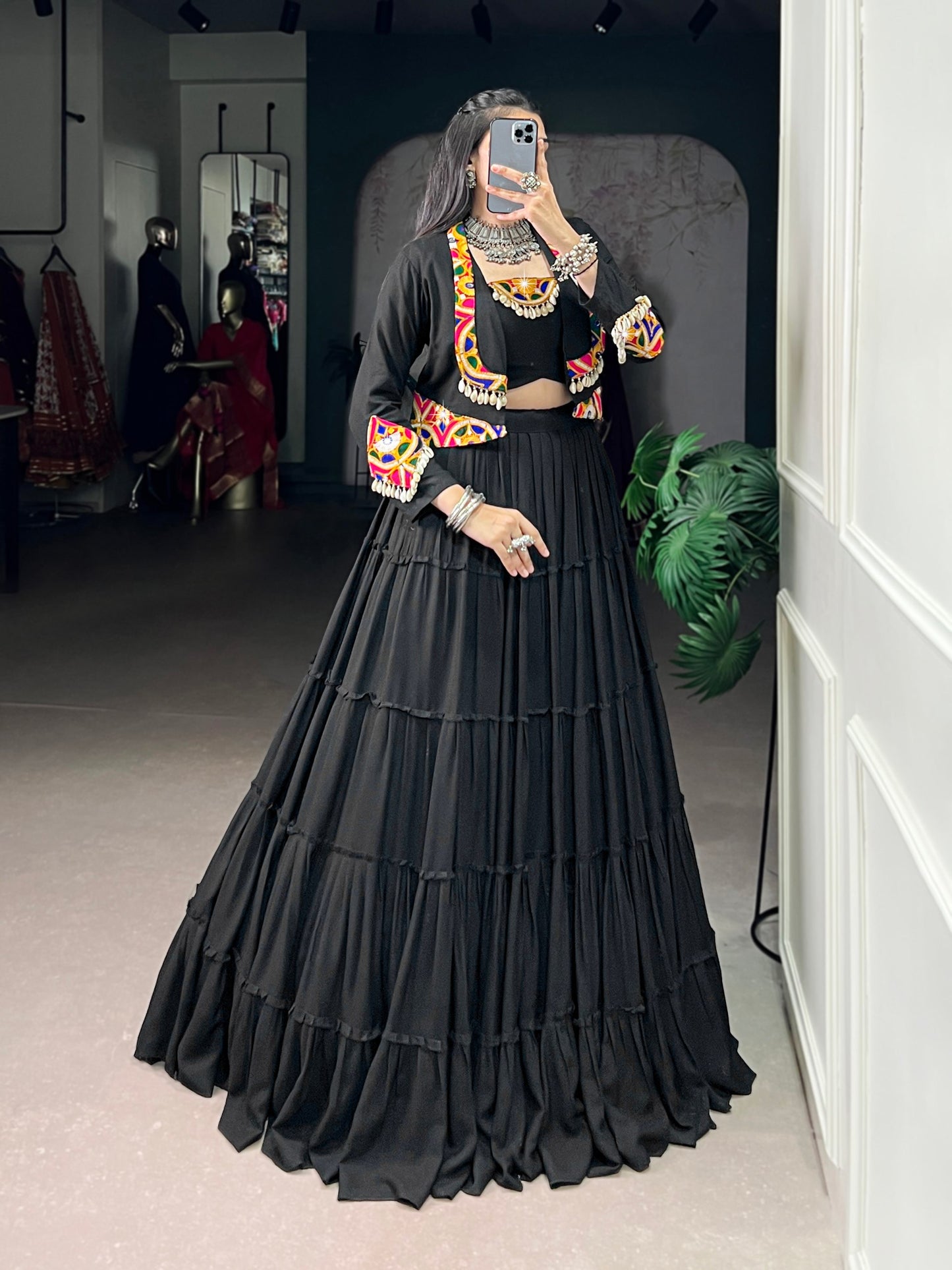 Premium Rayon Cotton With Gamthi and Kodi Work Chaniya Cholis with Koti Jacket Fully Stitched