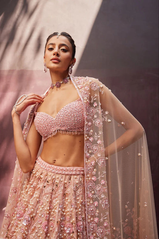 Premium Peach Georgette Floral Work Lehenga with Sequins and Pearl Work Fully Stitched