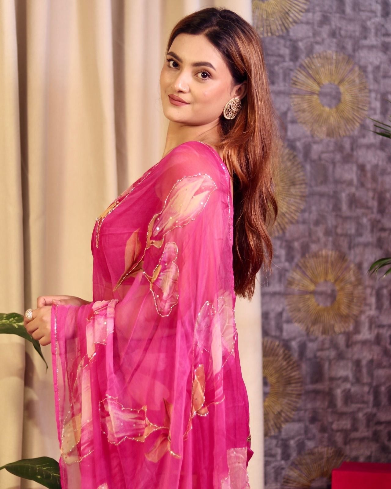 Floral Pink Soft Silk Lightweight Saree with Stitched Blouse Options