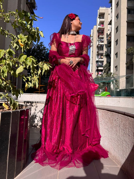 Pink Net ruffle lehenga fully stitched