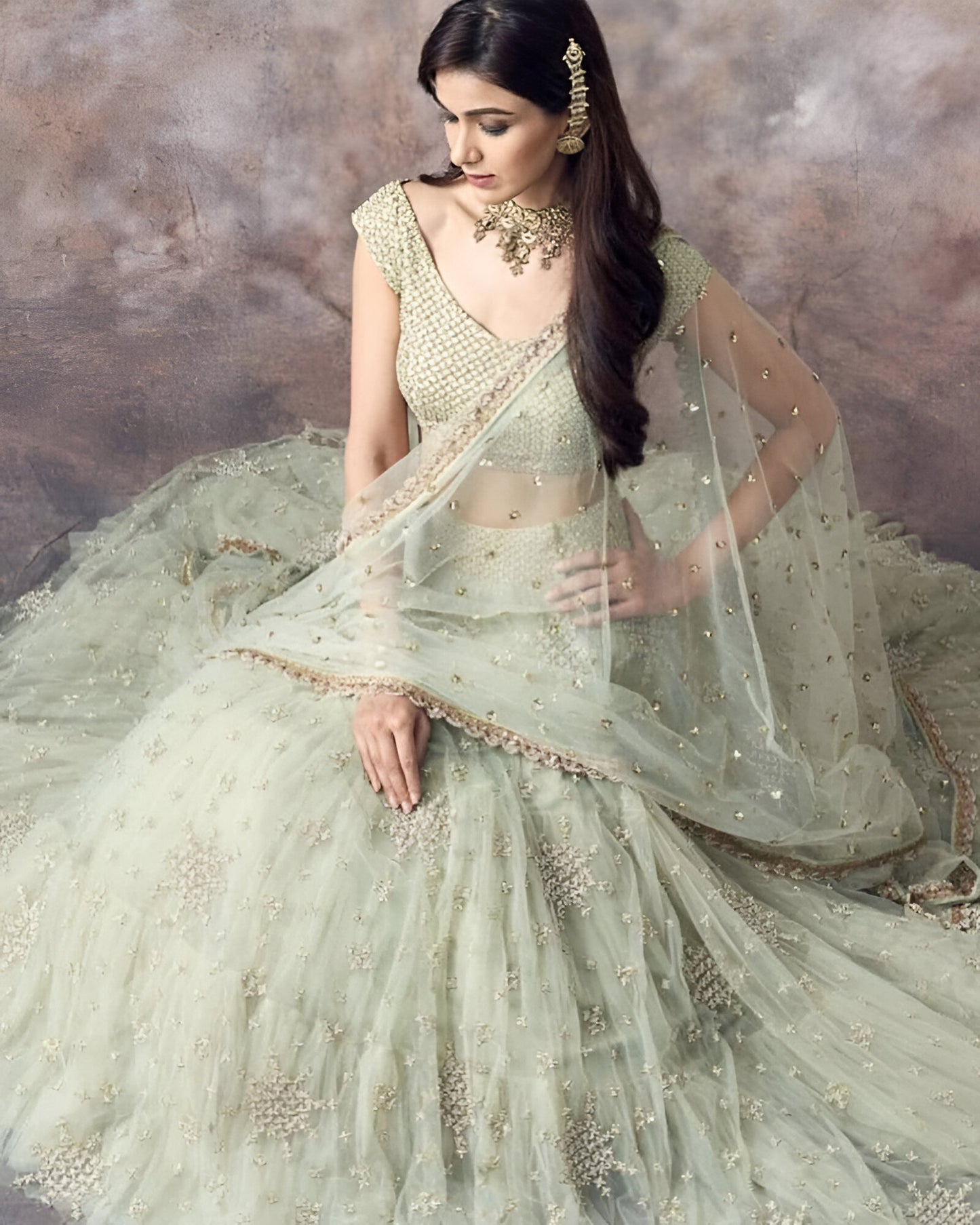 Premium Pastel Pistachio Net Fabric Readymade Lehenga
