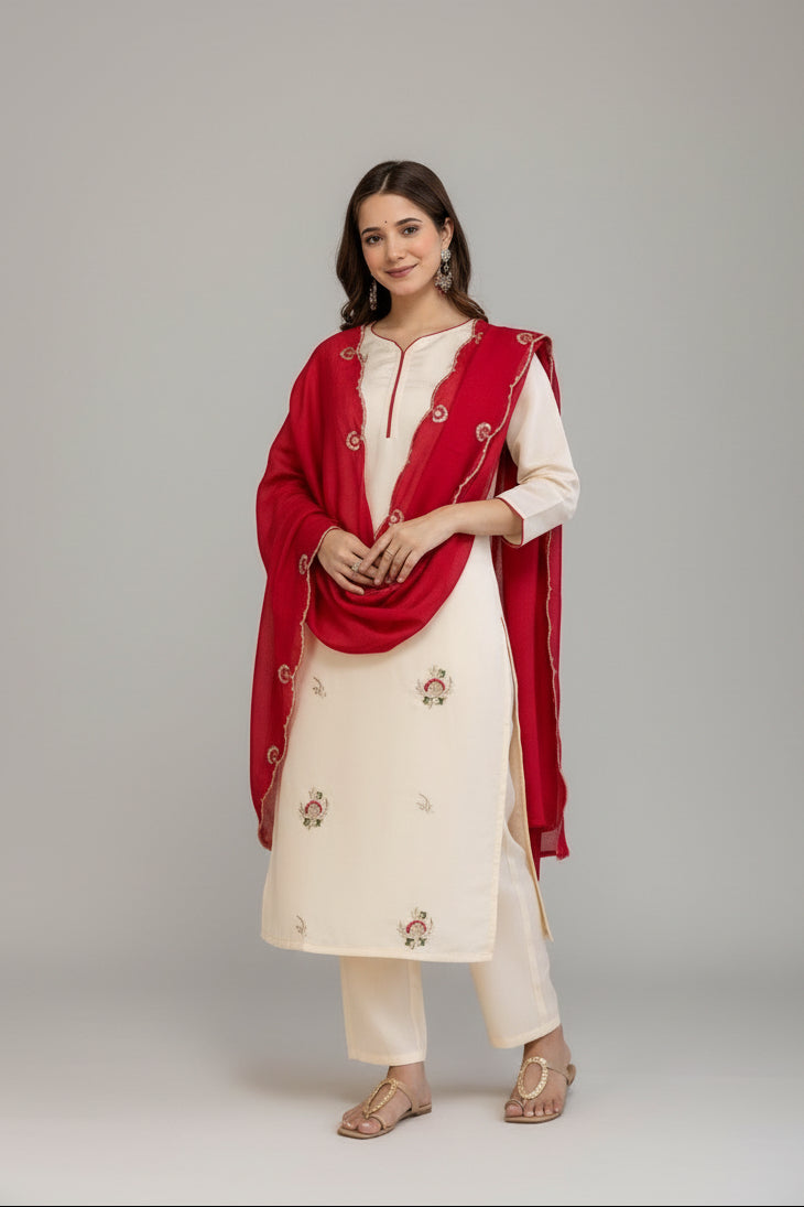 Woman in a red and white traditional outfit standing in front of a decorative wall with an arched mirror.