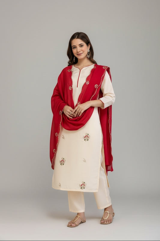 Woman in a red and white traditional outfit standing in front of a decorative wall with an arched mirror.