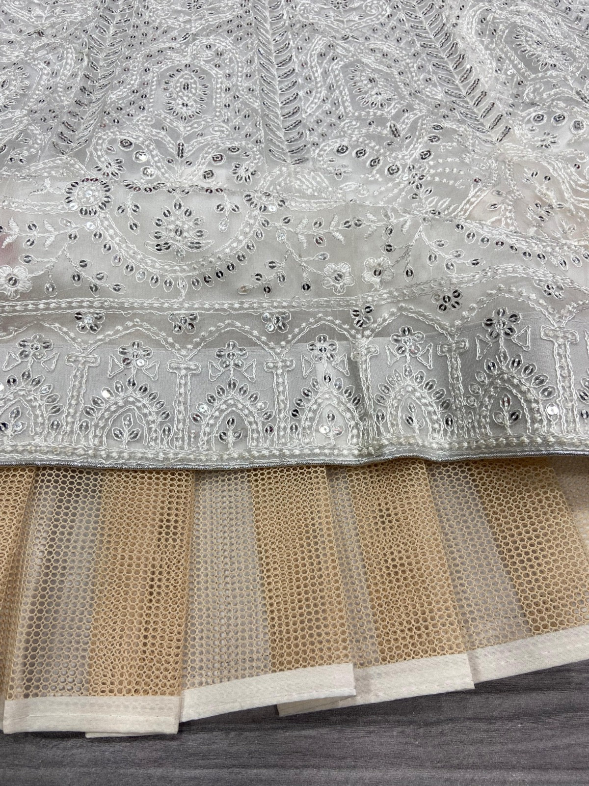 White Premium Soft Net Thread Embroidered Embellished Fully Stitched Lehenga