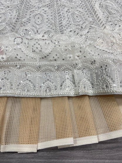 White Premium Soft Net Thread Embroidered Embellished Fully Stitched Lehenga