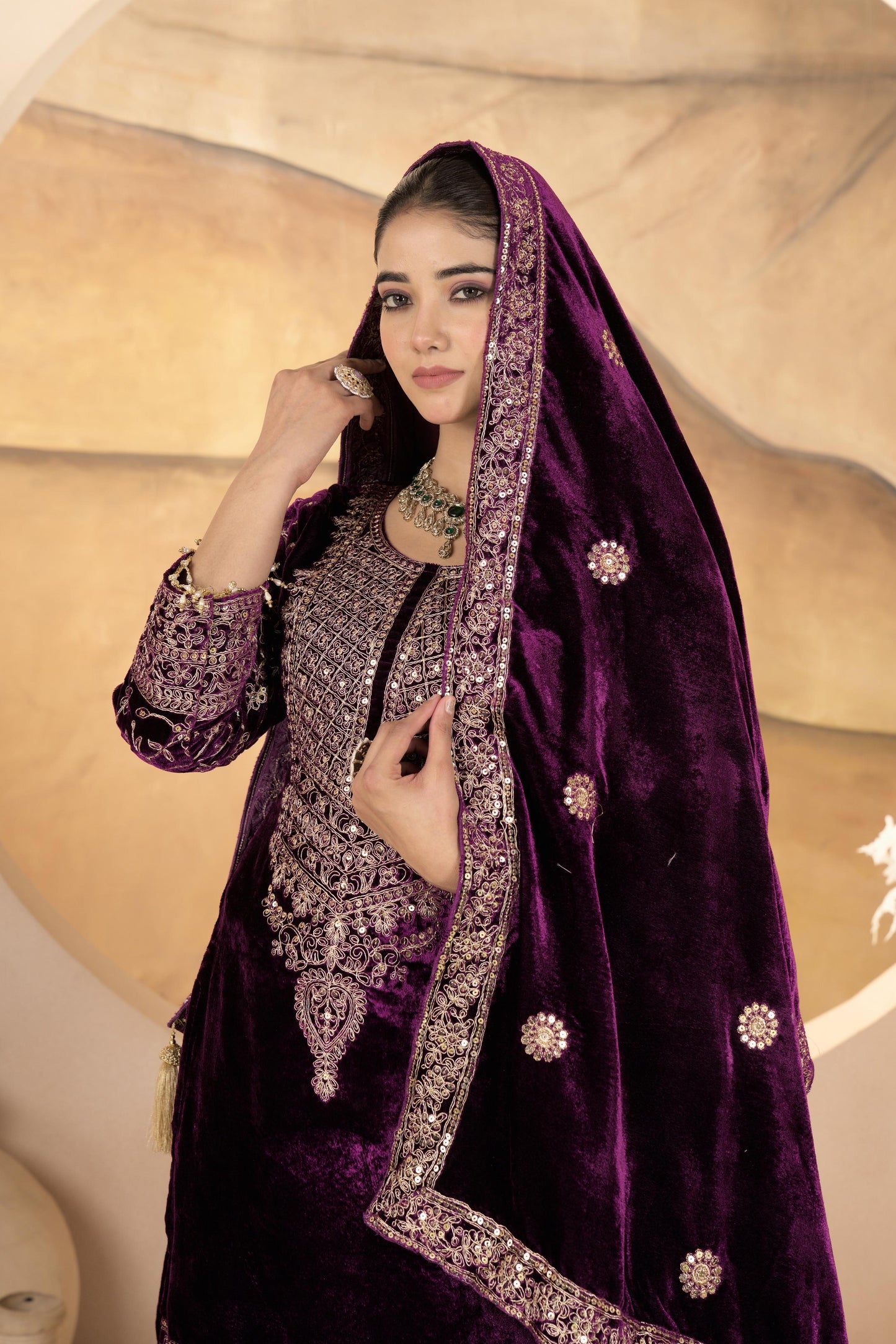Noor - Wine Premium Velvet Fabric with beautiful Embroidery Suit Fully Stitched