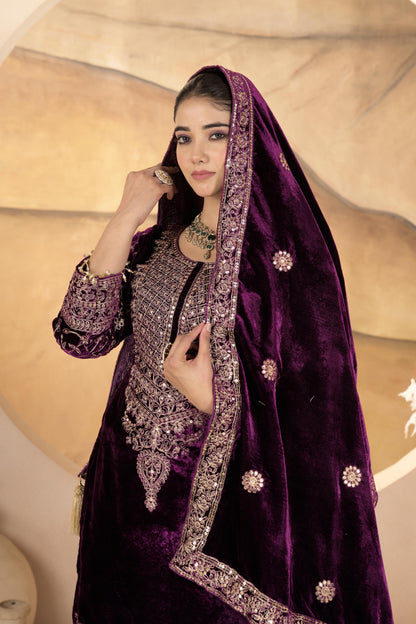 Noor - Wine Premium Velvet Fabric with beautiful Embroidery Suit Fully Stitched