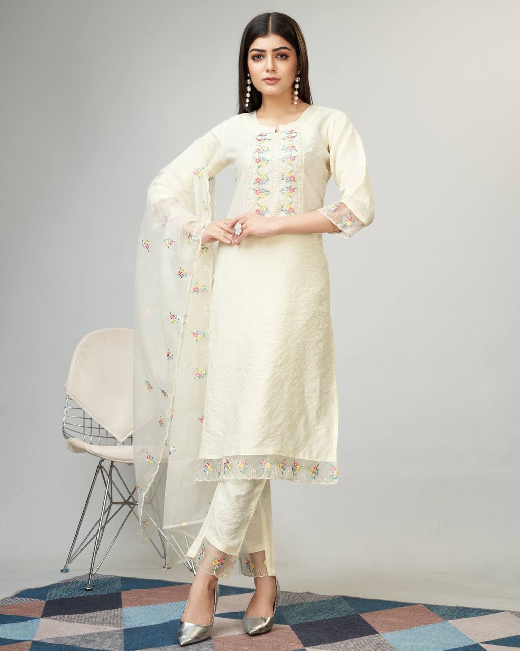 Cream viscose fabric kurti set